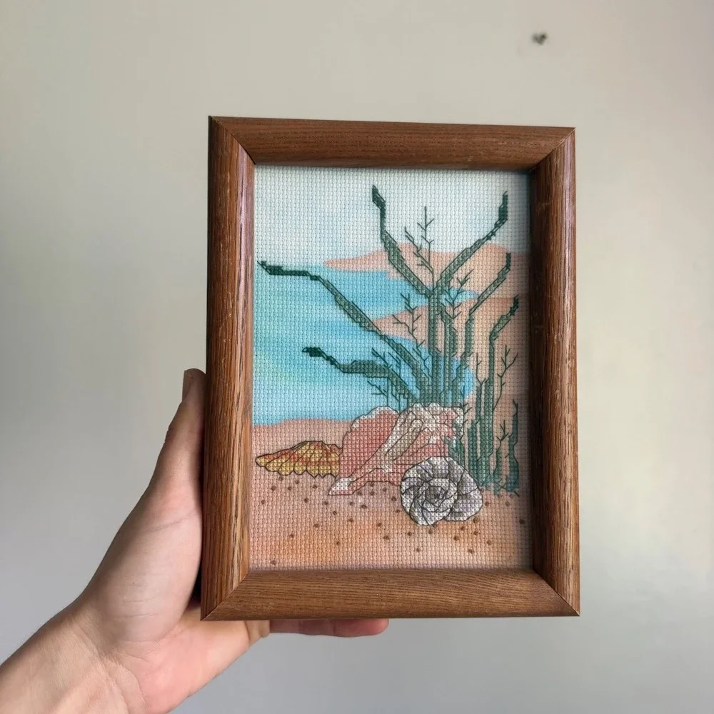 Vintage Framed Cross Stitch Beach Shells Sea‎ Grass Coastal Wall Art Oak Frame